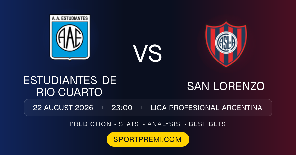 Estudiantes de Rio Cuarto vs San Lorenzo football match preview graphic for the Liga Profesional Argentina prediction on SportPremi