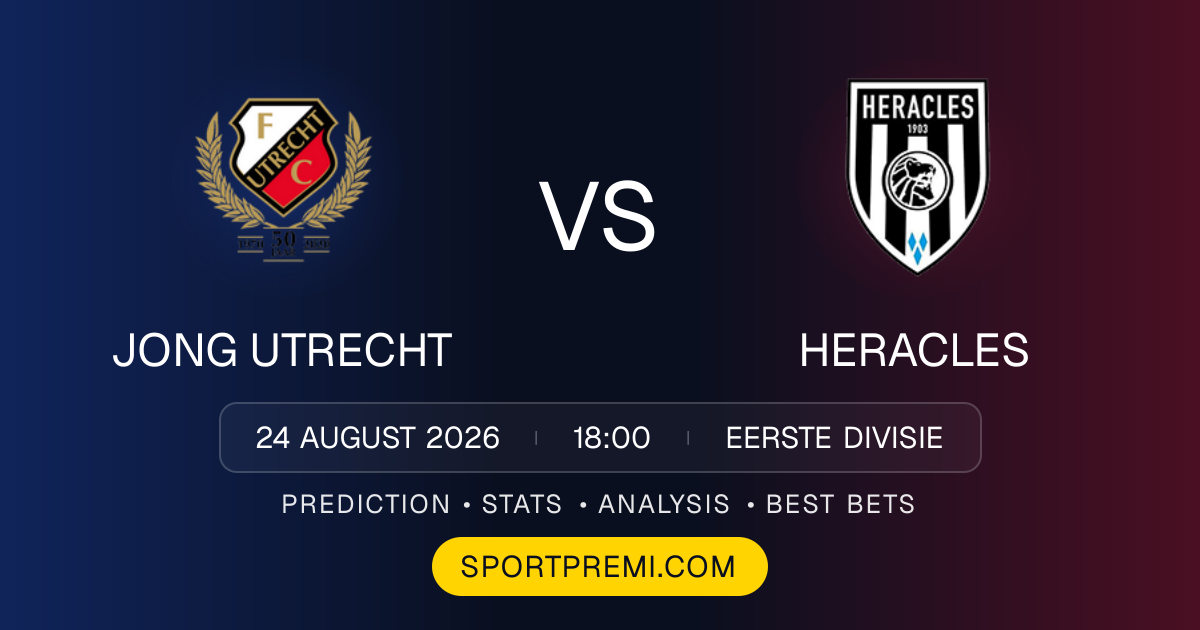 Jong Utrecht vs Heracles football match preview graphic for the Eerste Divisie prediction on SportPremi