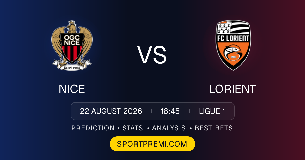 Nice vs Lorient football match preview graphic for the Ligue 1 prediction on SportPremi