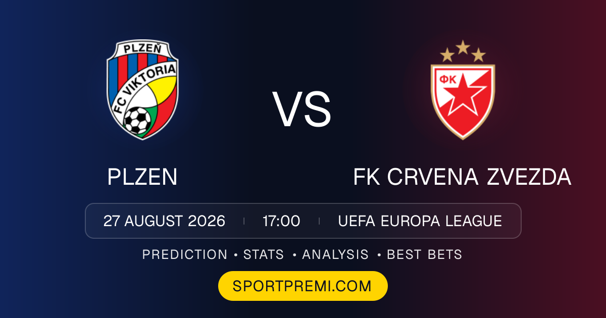Plzen vs FK Crvena Zvezda football match preview graphic for the UEFA Europa League prediction on SportPremi
