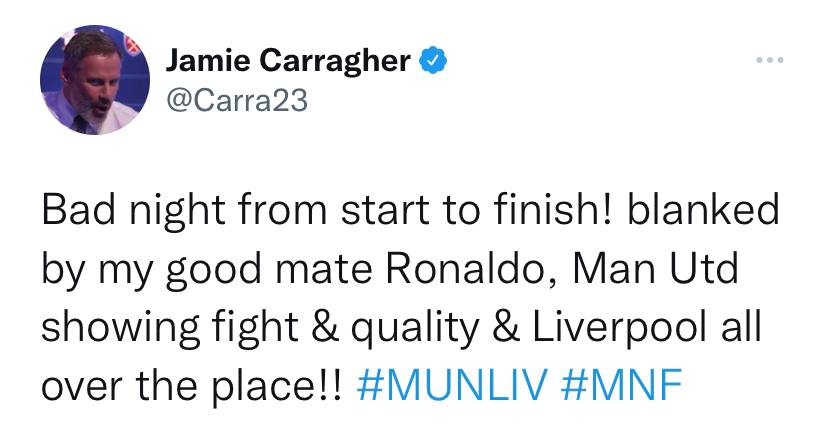 Jamie Carragher tweet after Liverpool loss to Manchester United