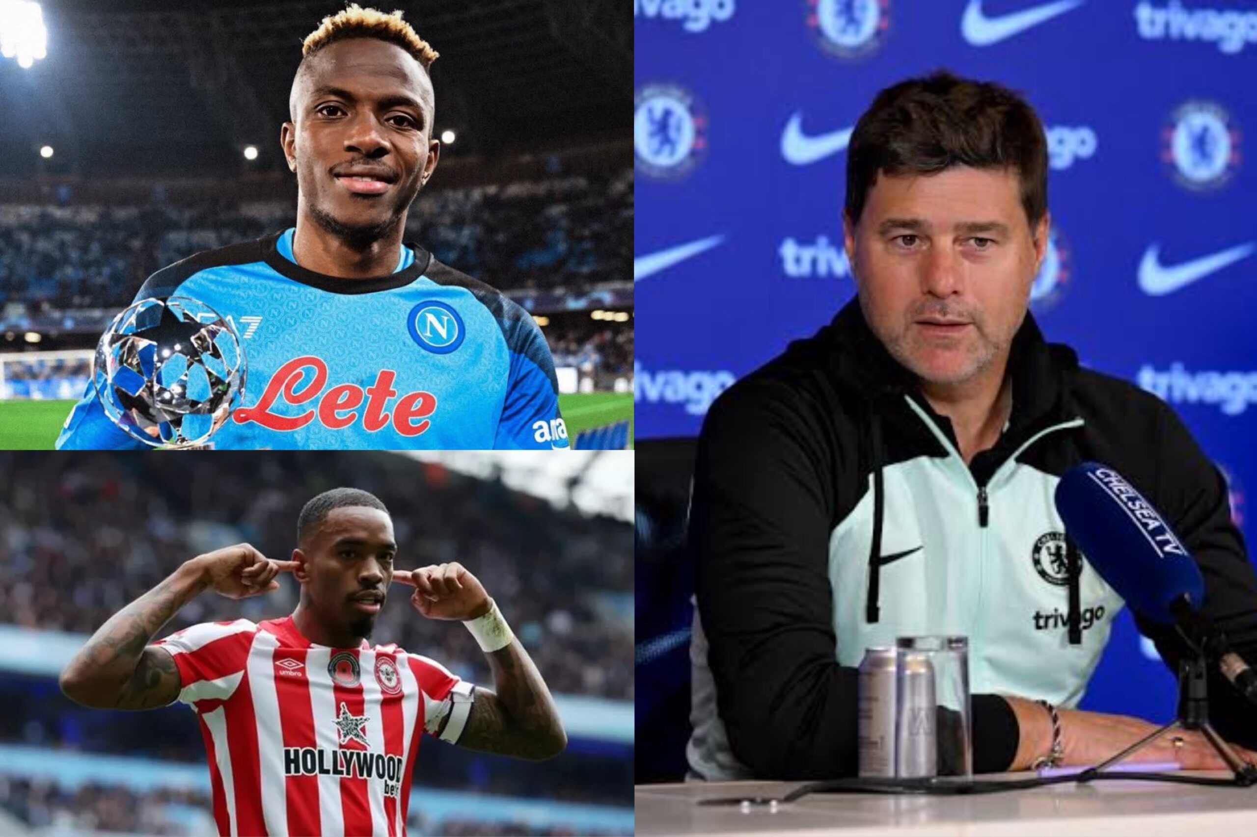 Victor Osimhen holding his man of the match award and Ivan Toney goal celebration and Pochettino in a press conference
