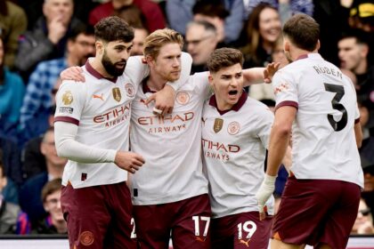 Kevin De Bruyne celebrating his goal with teammates after Manchester City win against Crystal Palace