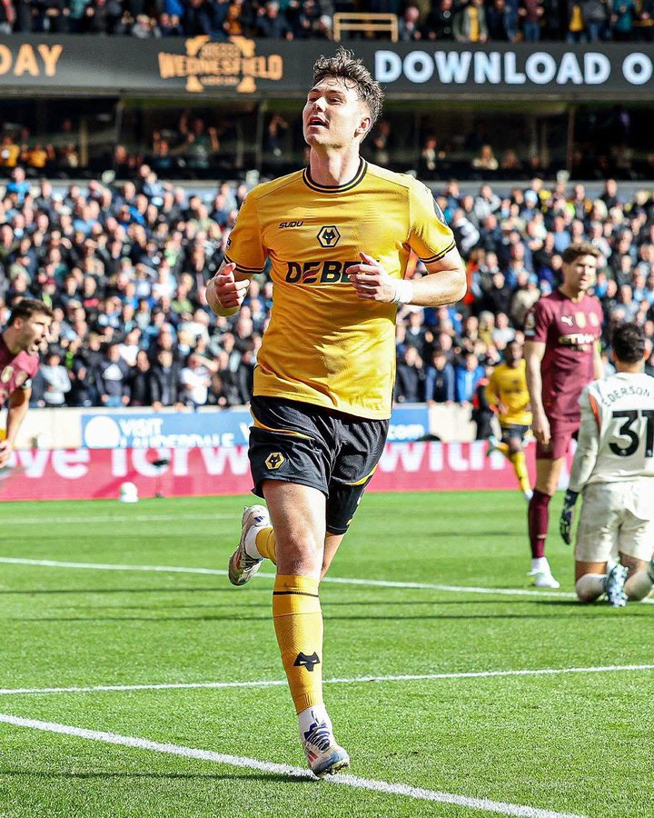 Jorgen Strand Larsen celebrates a goal at Wolves