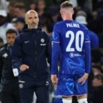 Cole Palmer clutching his groin while talking to Enzo Maresca