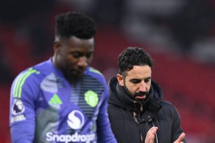 Manchester United's Ruben Amorim and Andrew Onana