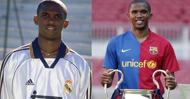 A photo of Samuel Eto’o in Real Madrid and one of him lifting a trophy in Barcelona