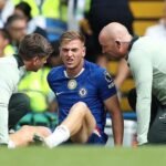 Liam Delap receiving treatment at Chelsea