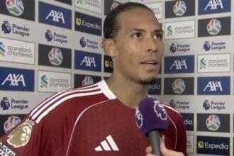Virgil van Dijk reacts after Liverpool’s 2–1 defeat to Manchester United at Anfield in the Premier League.