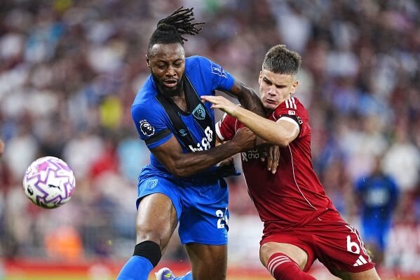 antoine semenyo in action for bournemouth against liverpool