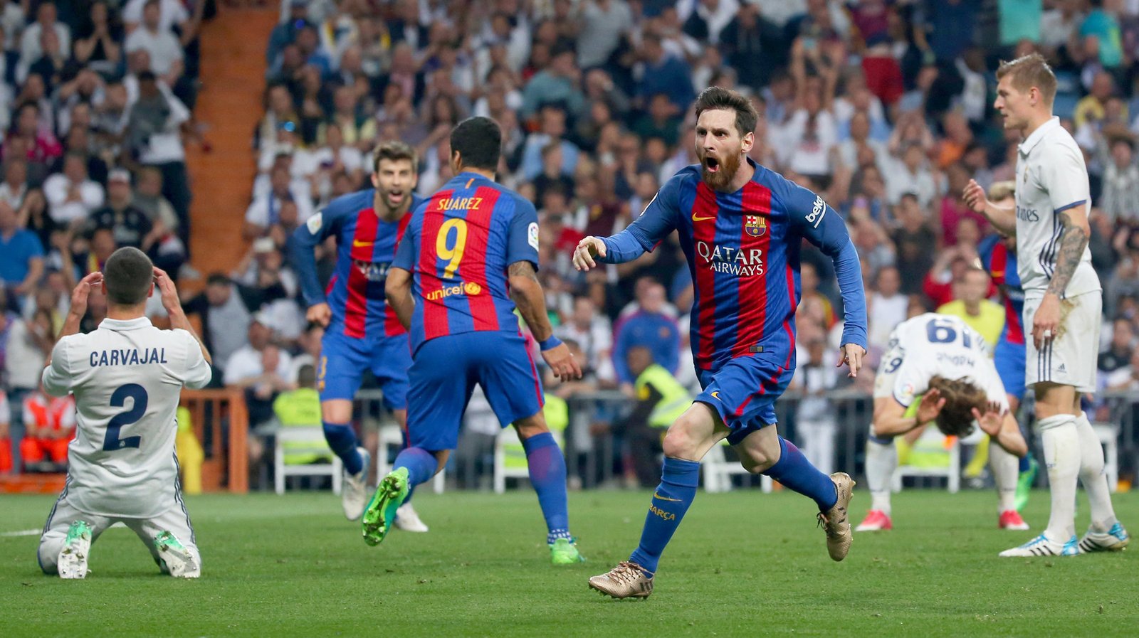 lionel messi celebrating a goal against real madrid