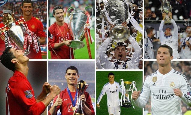 Cristiano Ronaldo with trophies and personal awards won in Manchester United and Real Madrid