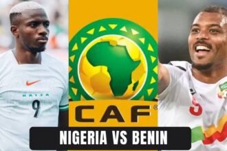 Nigeria and Benin players in action during the 2026 FIFA World Cup Qualifiers at the Godswill Akpabio International Stadium in Uyo.