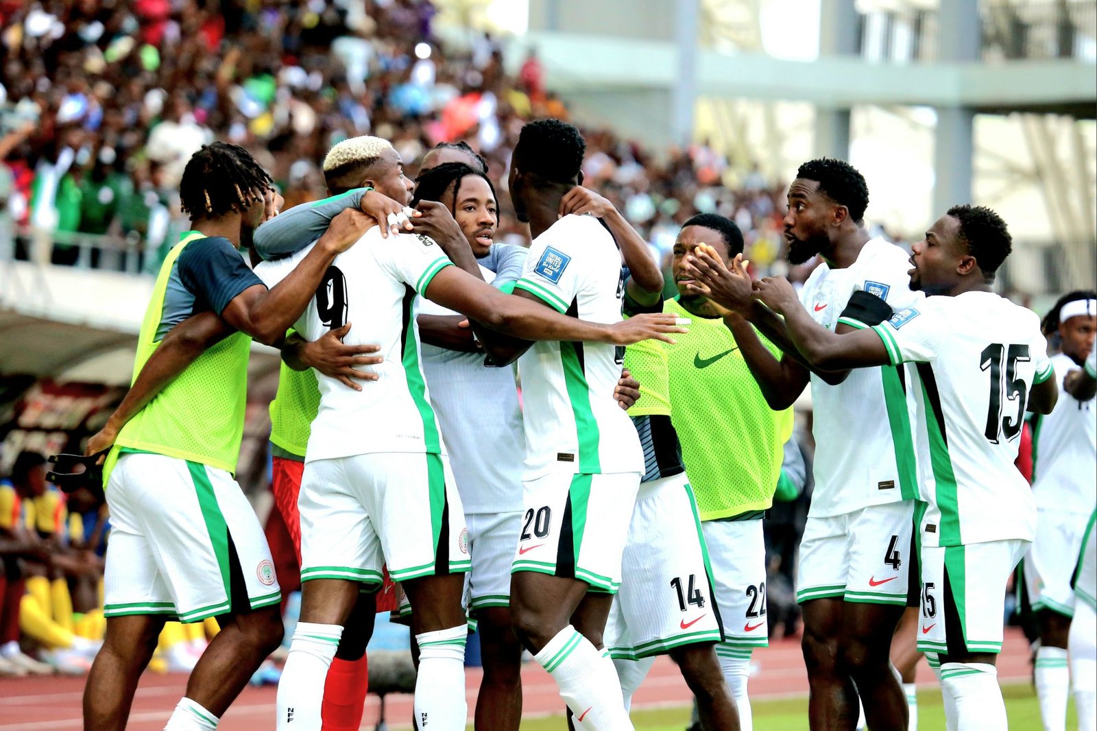 super eagles players celebrating a goal
