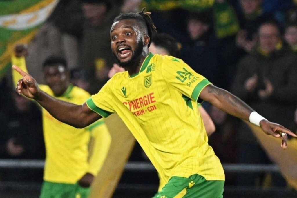 Chidozie Awaziem celebrates after scoring the equalizer for Nantes against Lorient in France Ligue 1