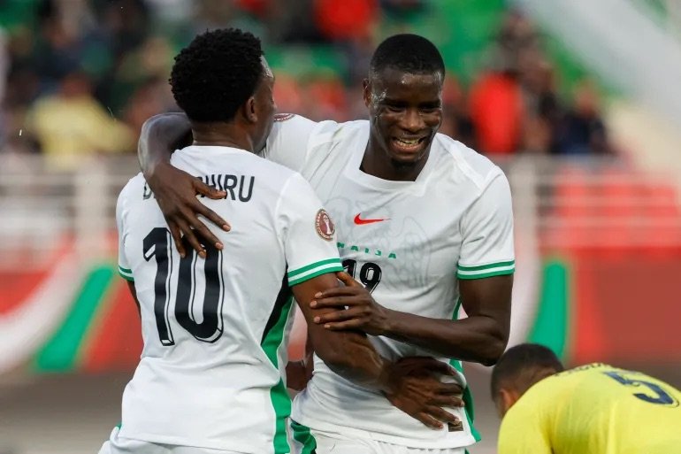 paul onuachu and fisayo dele-bashiru celebrates scoring for nigeria against uganda