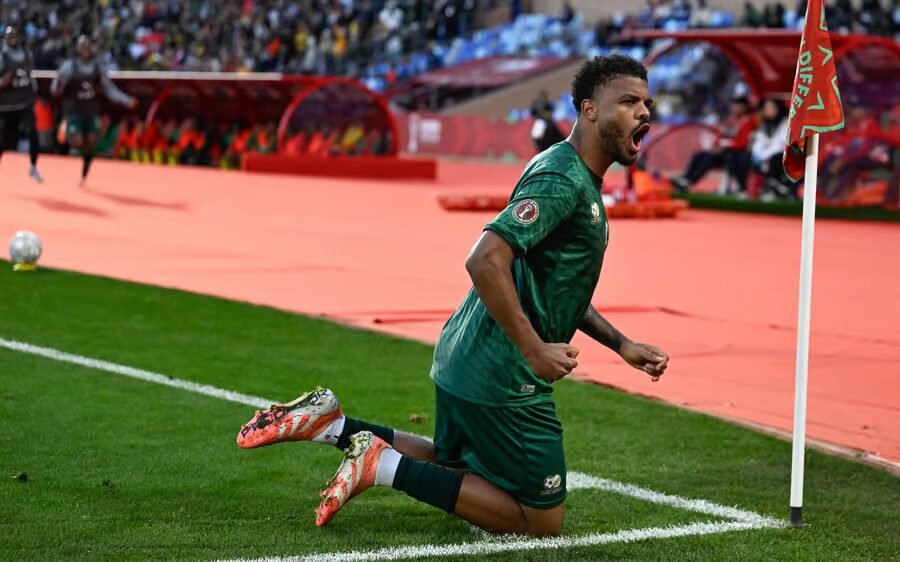 lyle foster celebrates scoring for south africa against zimbabwe