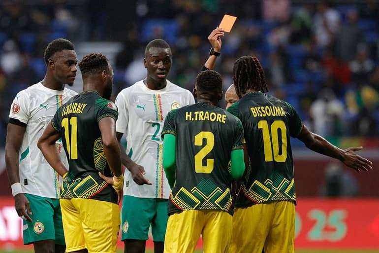 mali captain yves bissouma receives a red card during the quarterfinal match against senegal