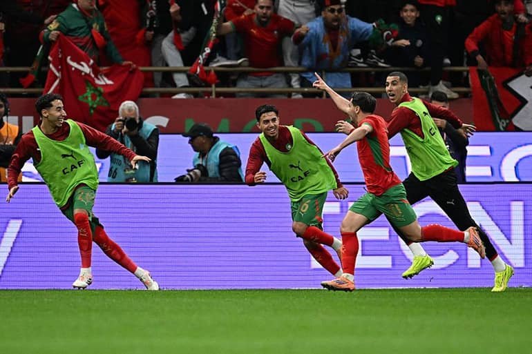 brahim diaz celebrates with teammates after scoring for morocco in their round of 16 clash against tanzania