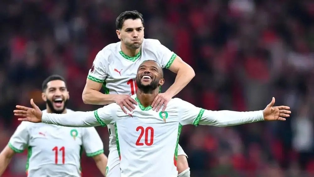 ayoub el kaabi and brahim diaz celebrate a goal for morocco