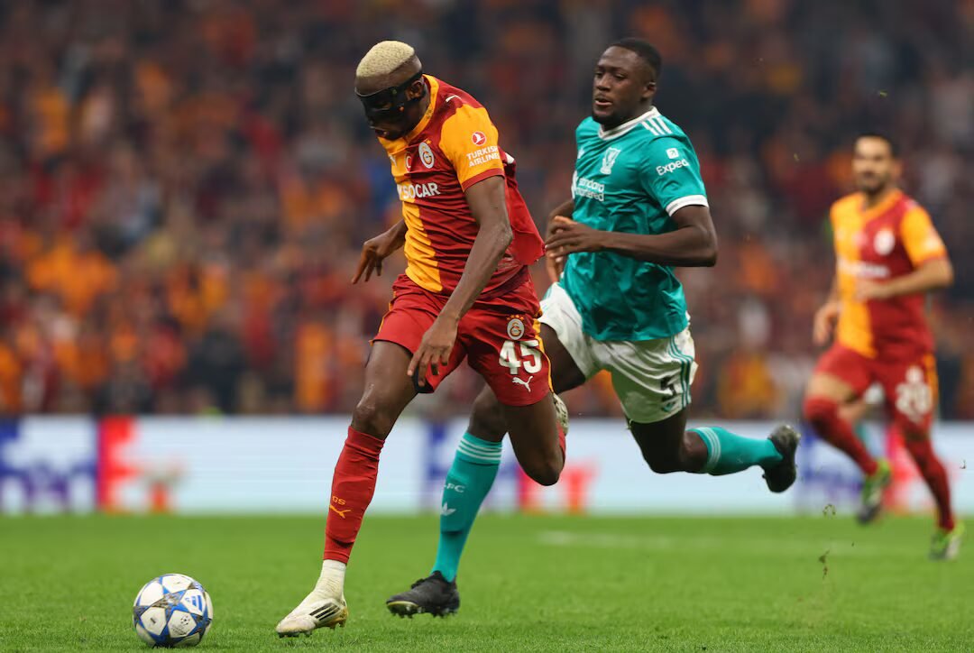 galatasaray striker victor osimhen moves past liverpool defender ibrahima konate