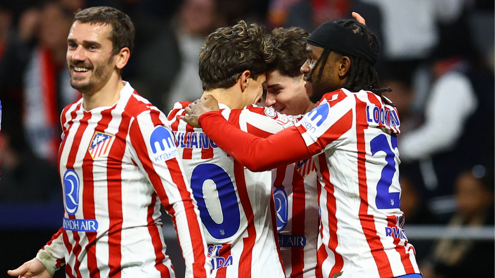 ademola lookman celebrates a goal with his atletico madrid teammates