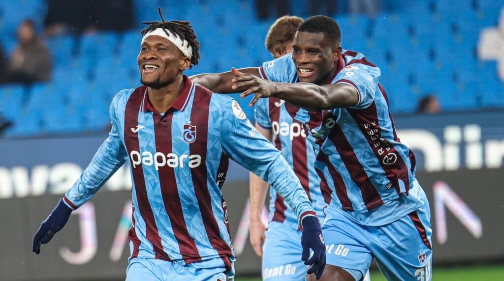 chibuike nwaiwu and super eagles teammate paul onuachu celebrate a goal at trabzonspor