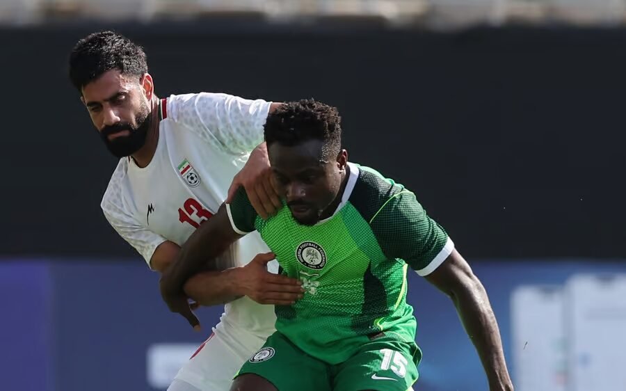 moses simon in action for nigeria during a friendly match against iran
