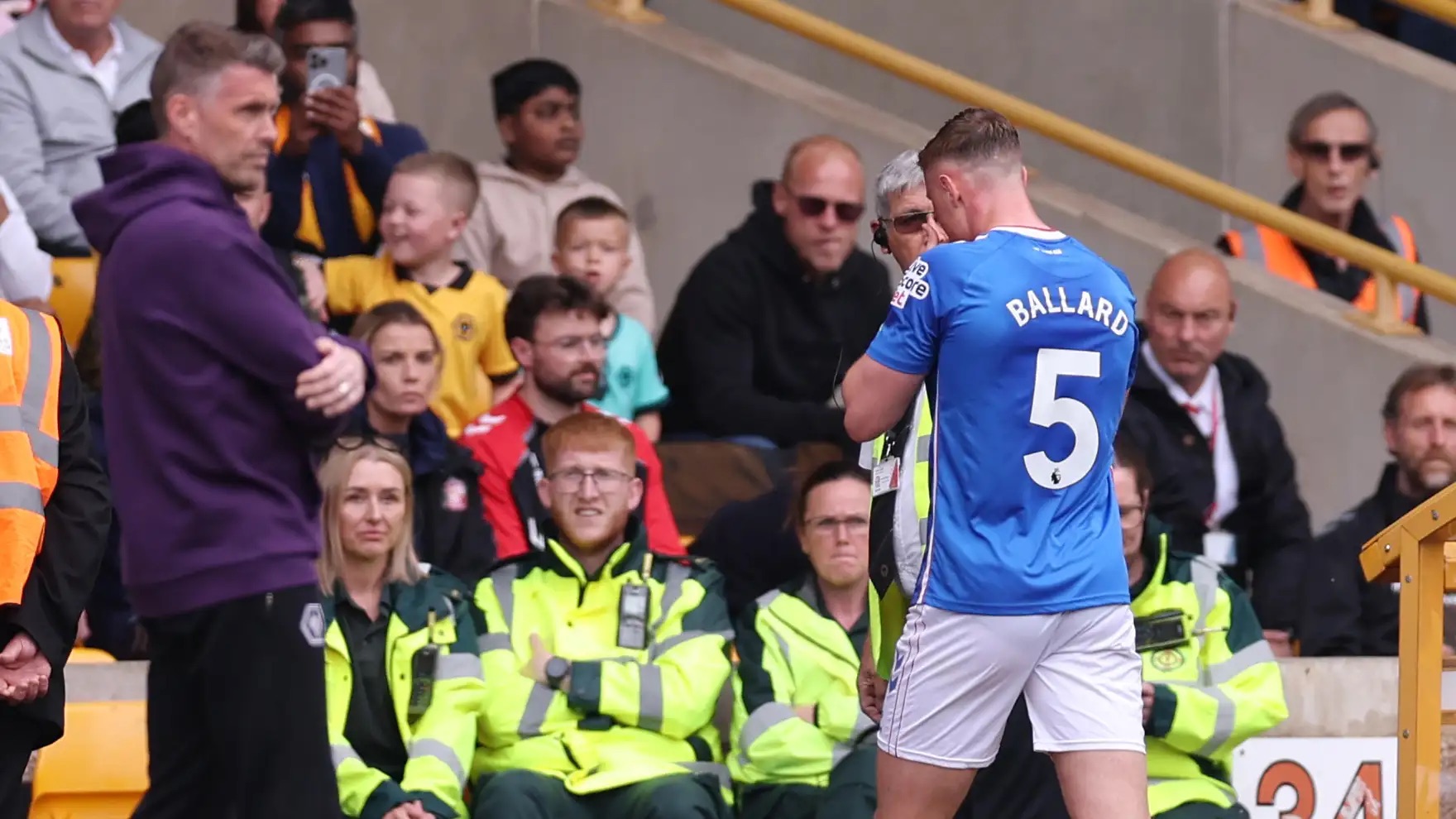 daniel ballard walks off the pitch after he was sent off for a hair pull on tolu arokodare